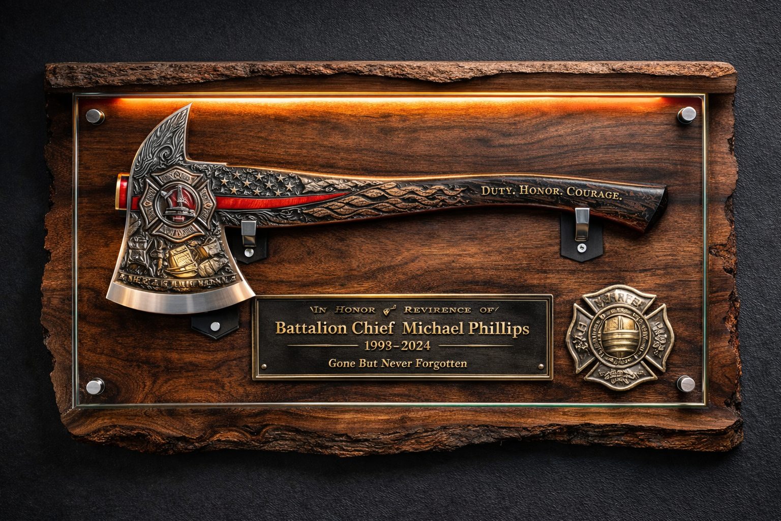 Concept rendering of a personalized firefighter retirement axe wall display