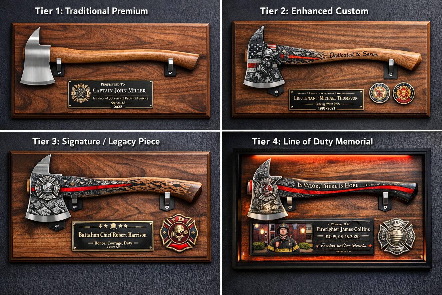 Concept comparison showing several presentation levels for a firefighter retirement axe display